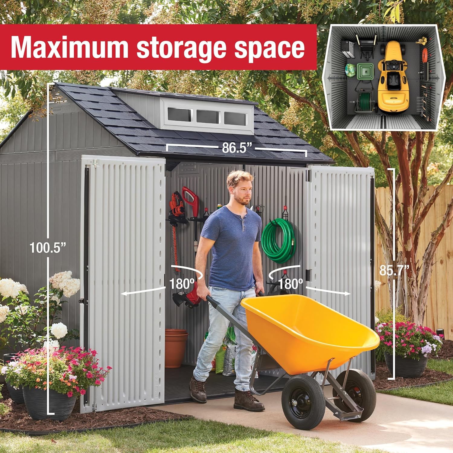 Rubbermaid Resin Outdoor Storage Shed With Floor (7 x 7 Ft) Weather Resistant Gray Organization for Home/Backyard/Garden Tools/Lawn Mower/Bike Storage/Pool Supplies wourant