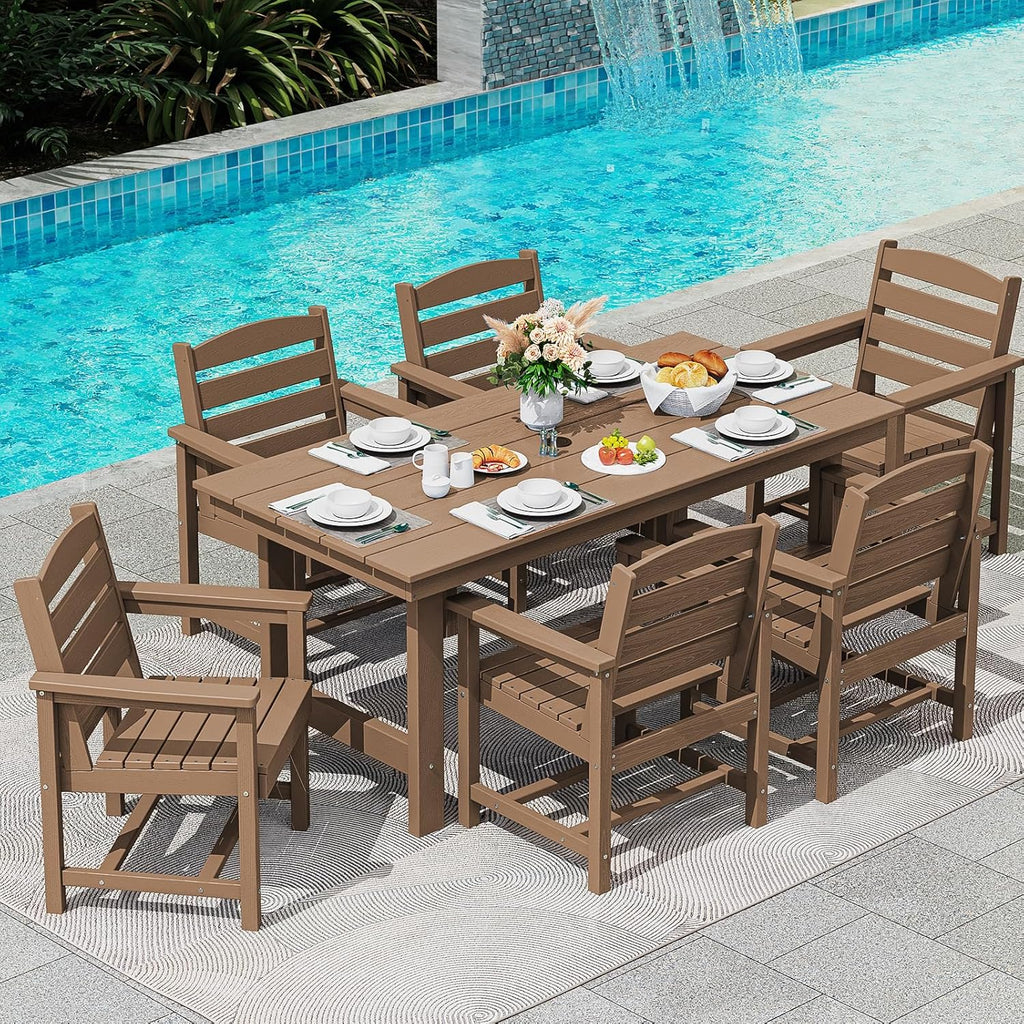 Outdoor HDPE Dining Table Set, 7-Piece Outdoor Dining Table Sets with Umbrella Hole Cut-Out Table and 6 Chairs wourant