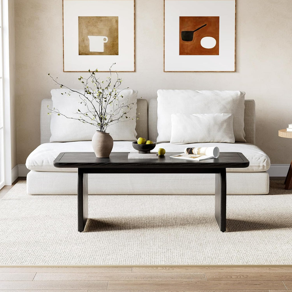 LITTLE TREE Farmhouse Coffee Table, 47 Inch Round Corner Wood Center Table, Rectangular Living Room Table, Modern Low Cocktail Tea Set wourant