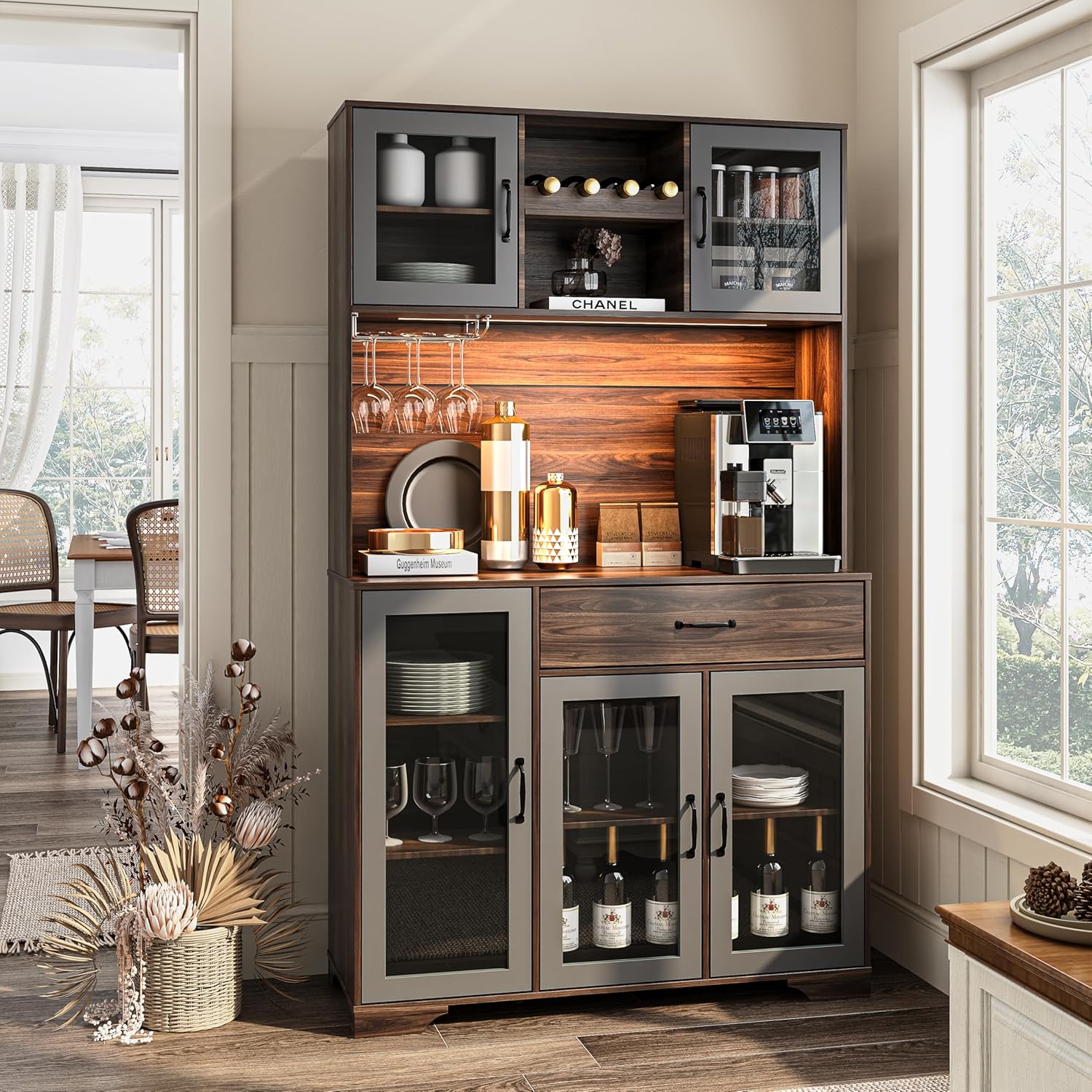 Kitchen Hutch Pantry Cabinet 71" Tall with Glass Doors wourant