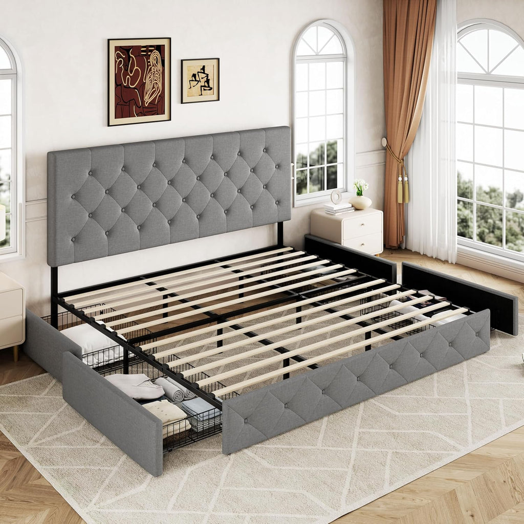 Allewie Upholstered Queen Size Platform Bed Frame with 4 Storage Drawers and Headboard wourant