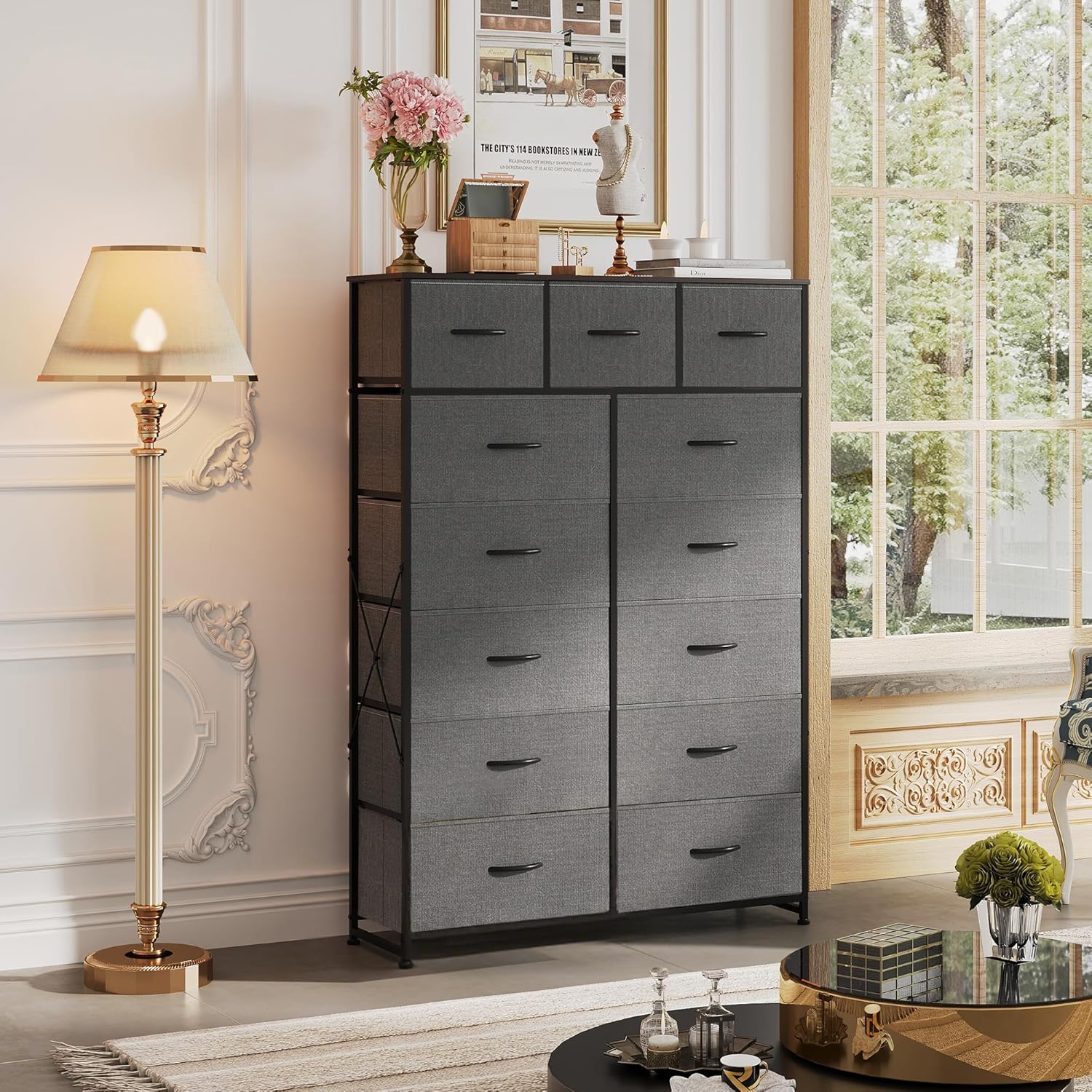 WLIVE Storage Organizer Unit with 13 Fabric Bins, Storage Drawers Organizer with Steel Frame, Tall Storage Tower Organizaton for Living Room, Hallway, Office, Charcoal Black wourant