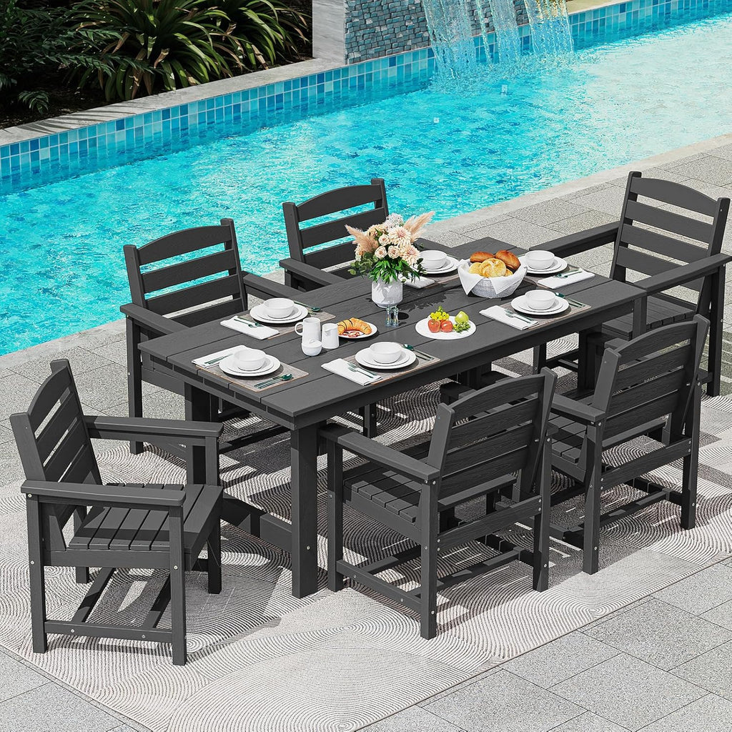 Outdoor HDPE Dining Table Set, 7-Piece Outdoor Dining Table Sets with Umbrella Hole Cut-Out Table and 6 Chairs wourant