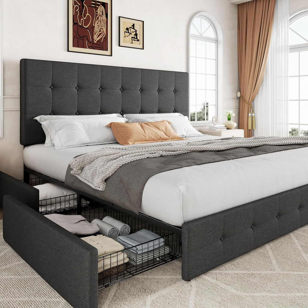 Allewie Upholstered Queen Size Platform Bed Frame with 4 Storage Drawers and Headboard wourant
