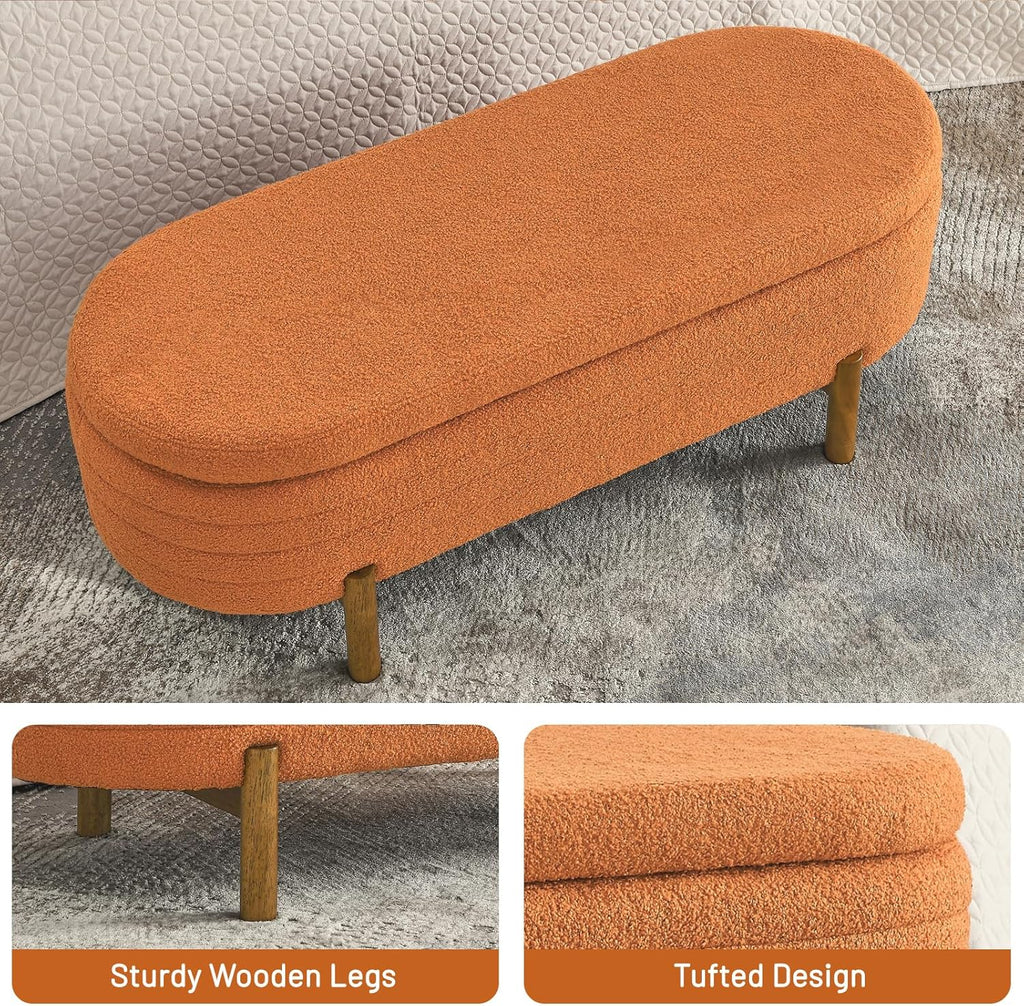 Furniliving Modern Storage Ottoman Bench, Sherpa Ottoman End of Bed Bench with Solid Wood Legs Upholstered Ottoman Benches with Storage Indoor Bench wourant