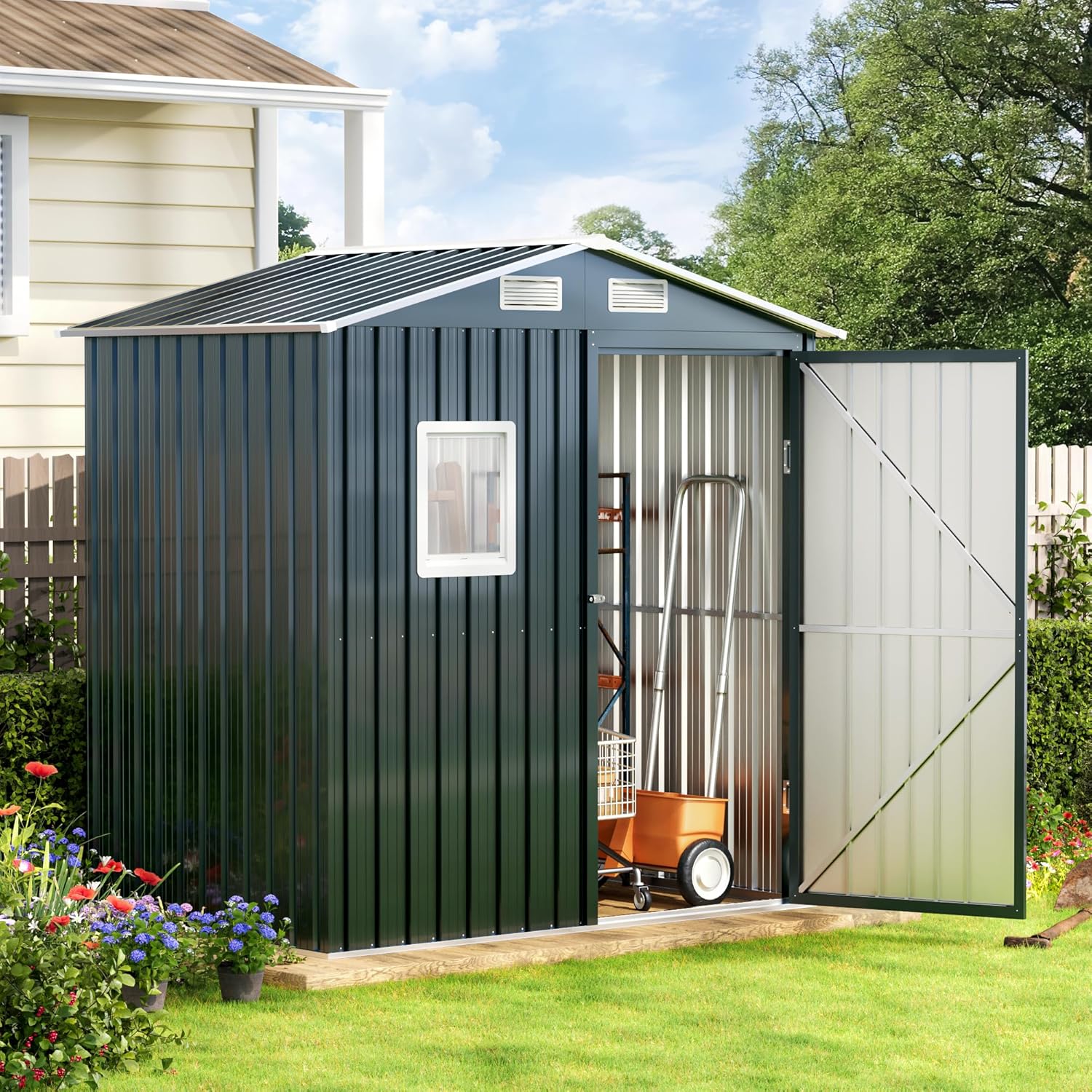 Breezz 8X10FT Outdoor Steel Storage Shed Lockable Doors Weather-Resistant Metal Tool Shed wourant