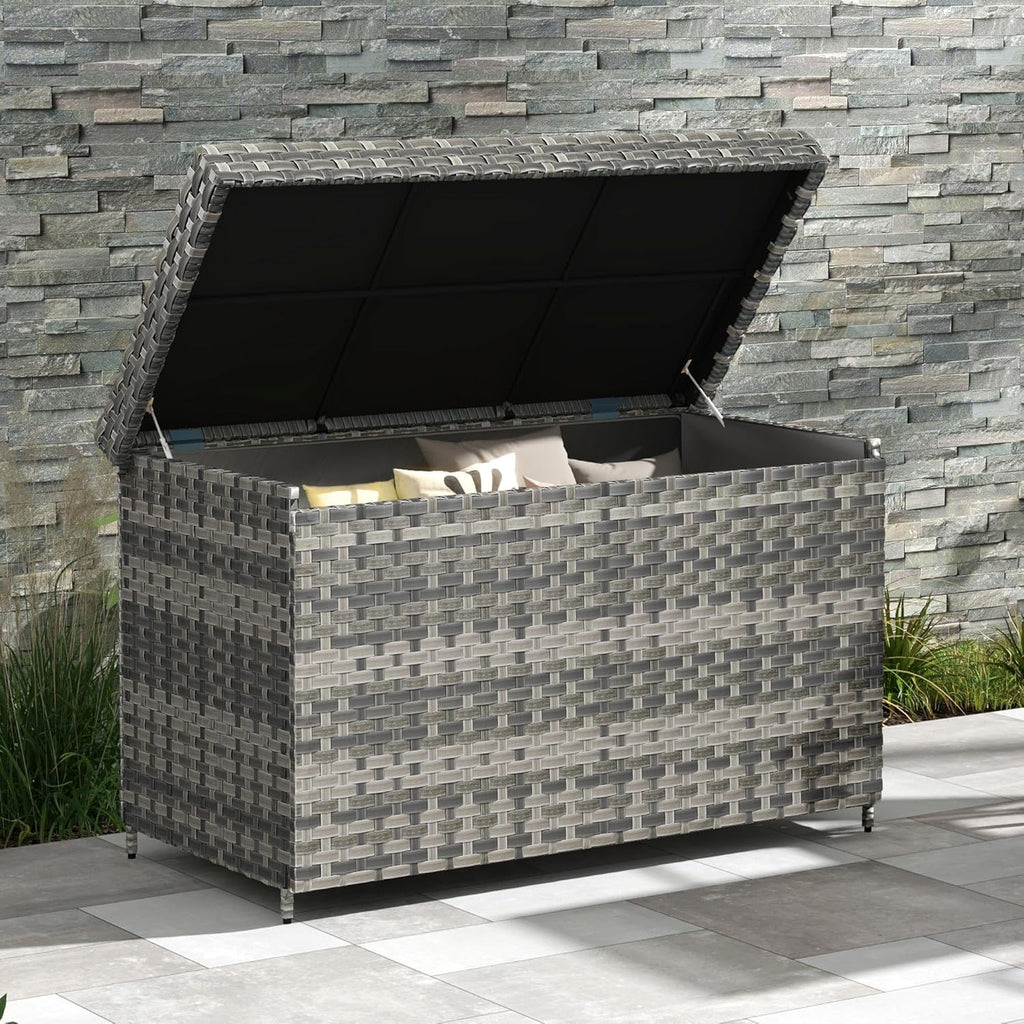 DWVO 70Gal Outdoor Storage Bench with Cushion & Composite Wood Backrest, All-Weather Wicker Deck Bench with Rustproof Bag, Poolside, Patio, Garden (Sand Beige) wourant
