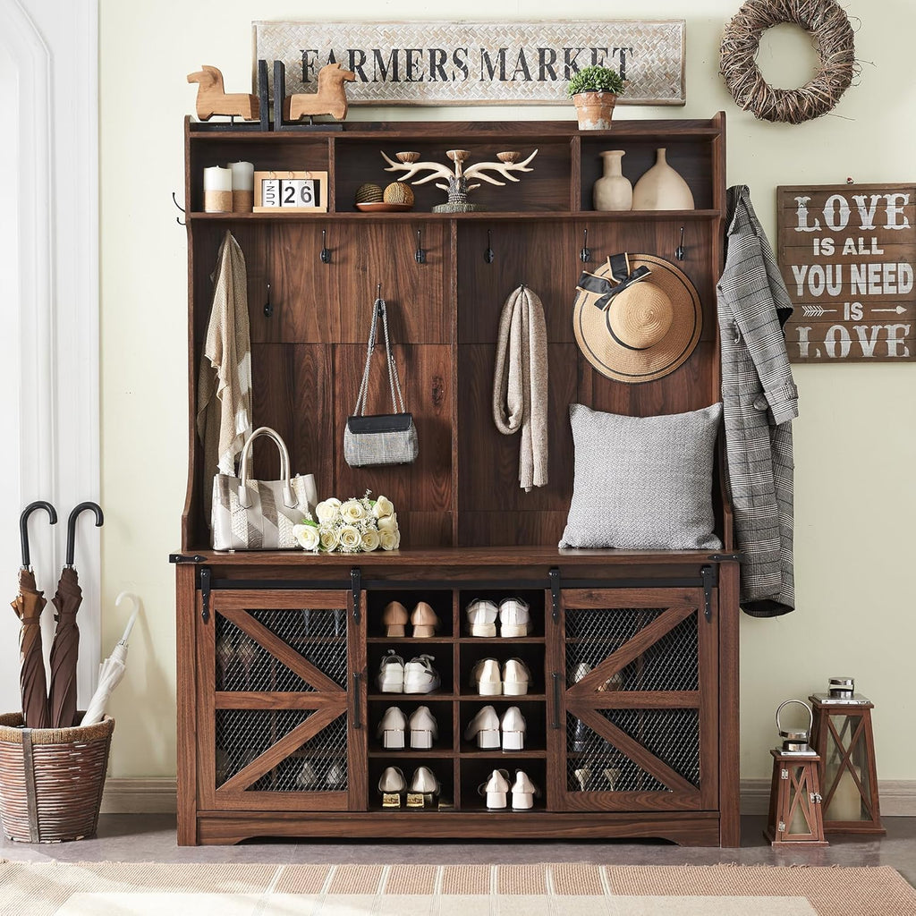 JXQTLINGMU 59-inch Farmhouse Foyer Tree with Shoe Storage, Entryway Bench Foyer Coat Rack Cabinet wourant