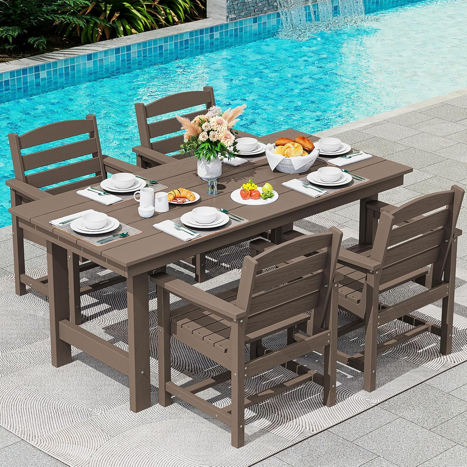 Outdoor HDPE Dining Table Set, 7-Piece Outdoor Dining Table Sets with Umbrella Hole Cut-Out Table and 6 Chairs wourant