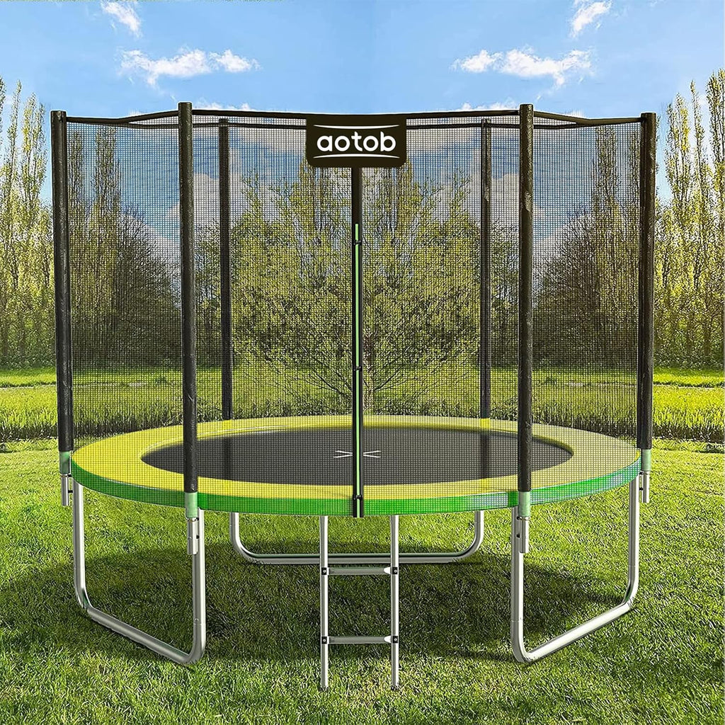 AOTOB 8FT 10FT 12FT 14 FT 15FT Trampoline with Safety Enclosure Net，Outdoor Trampoline with Basketball Hoop, Heavy Duty Jumping Mat and Spring Cover Padding for Kids and Adults, Storage Bag and Ladder wourant