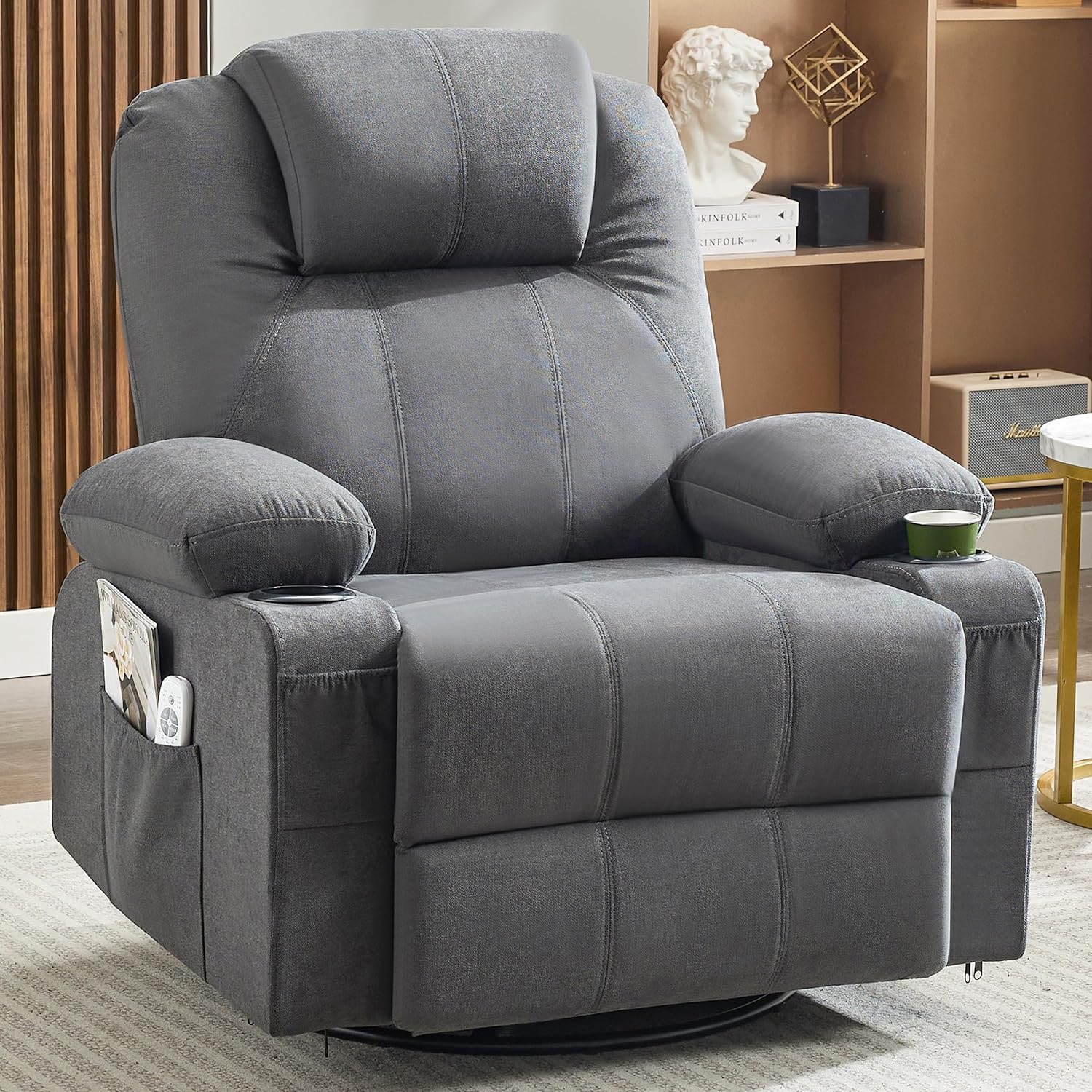 Large Swivel Rocking Recliner with Heating and Massage Function, 360 Degree Swivel Rocking Single Sofa wourant