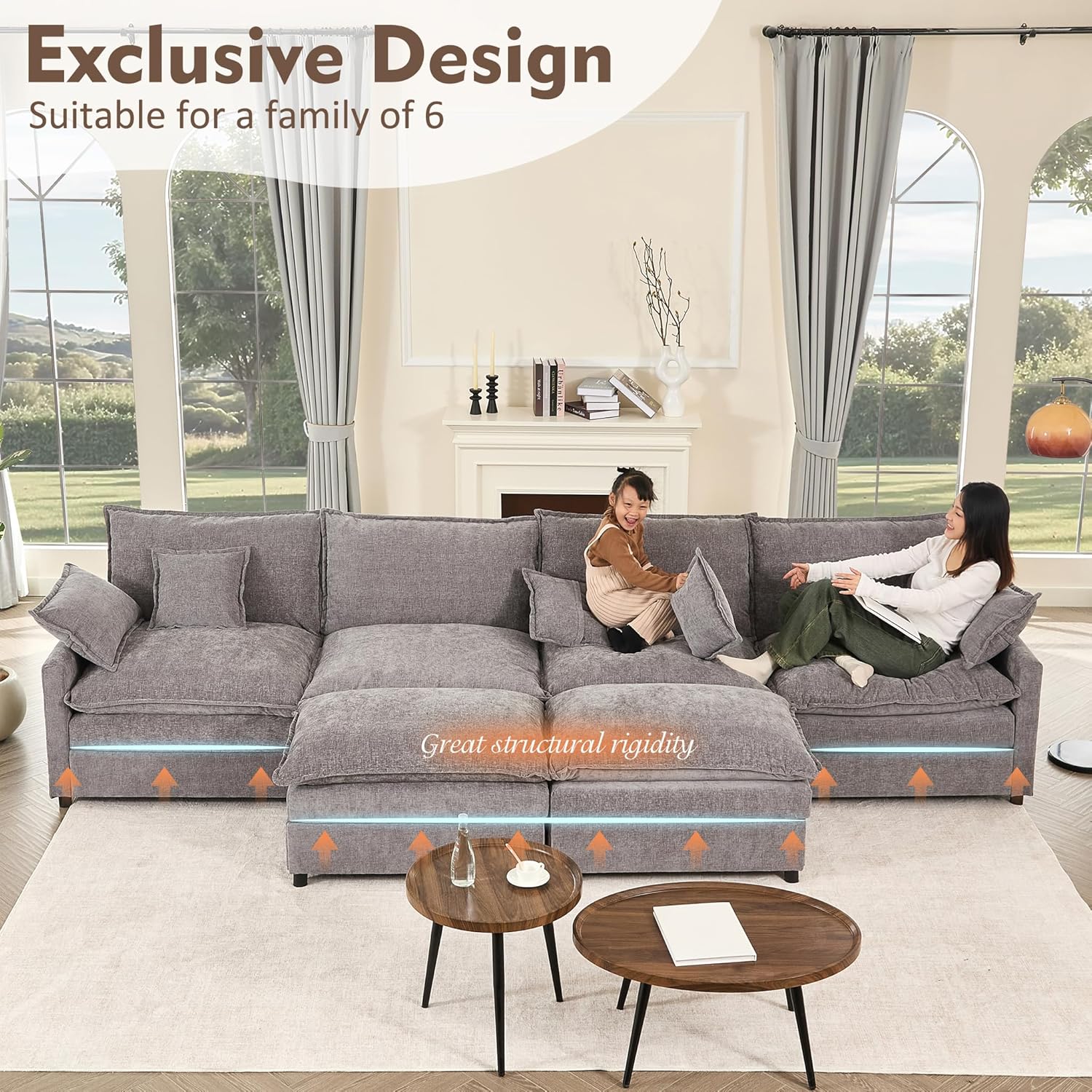 108 Inch U Shape Sofa Sectional Sofa Comfortable Cloud Sofa with Removable Footstool wourant