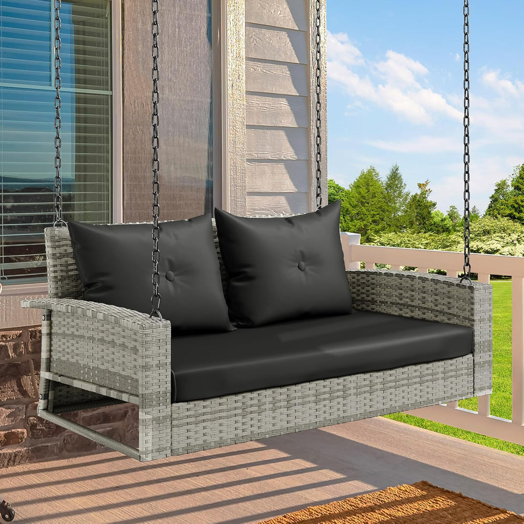 YITAHOME Hanging Porch Swing Chair Sits 3 People, Wicker Outdoor Swing Bench, Patio Lounge Chair, 1 Seating Cushion and 3 Back Cushions, w/Removable Covers, for Garden, Balcony, Backyard, Brown wourant
