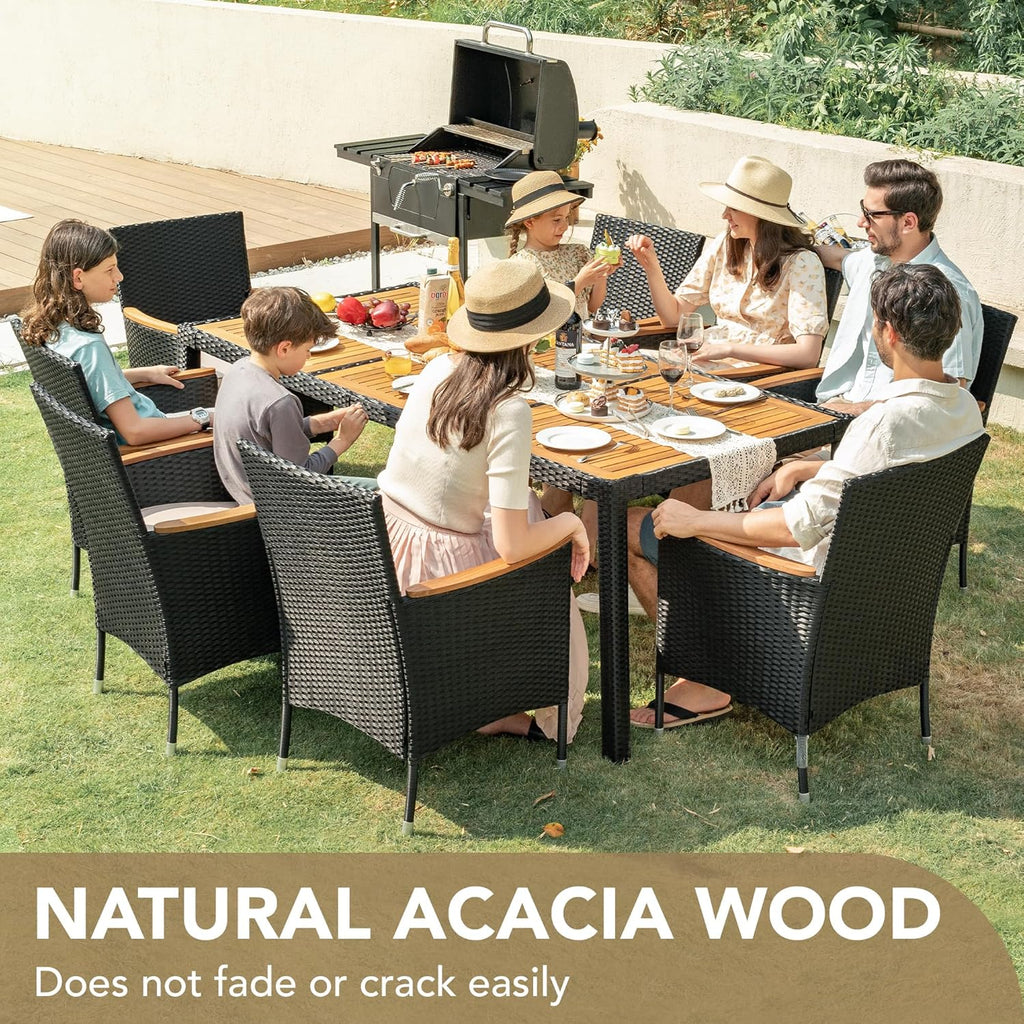 Devoko Dining 7 PCS Furniture, Patio Conversation Set with Acacia Wood Table Top, Rattan Outdoor, Black wourant