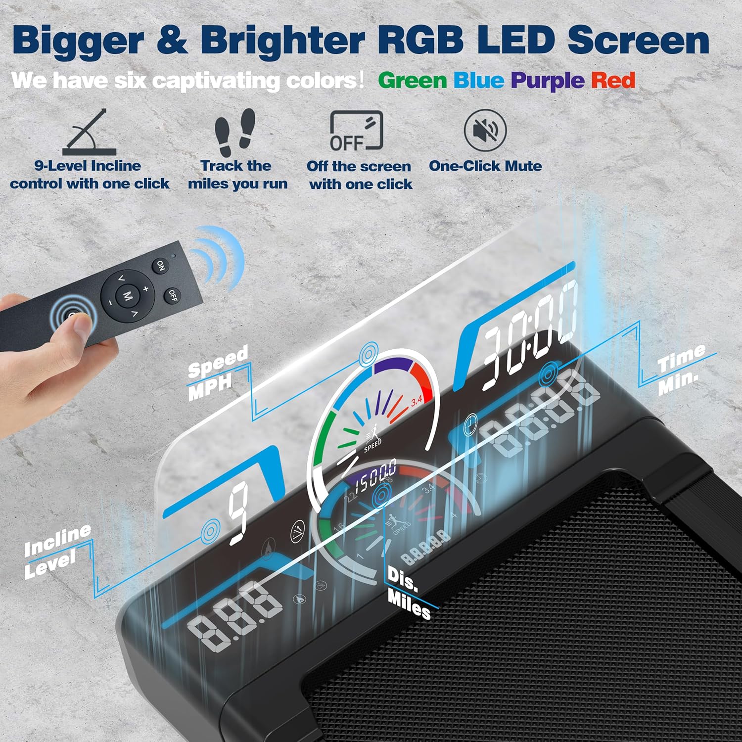 Walking Pad Treadmill with 12% 9-Level Auto Incline, 450 lbs Capacity RGB LED Screen, Bluetooth Speaker Under Desk Treadmill, Compact Treadmills for Home Hiking wourant