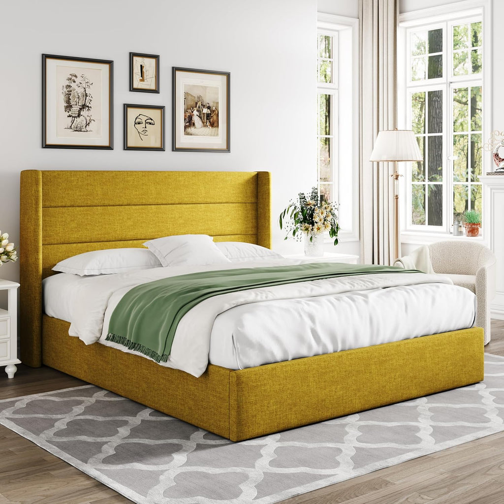 Allewie Queen Size Lift Up Storage Bed Modern Wingback Headboard Hydraulic Support wourant