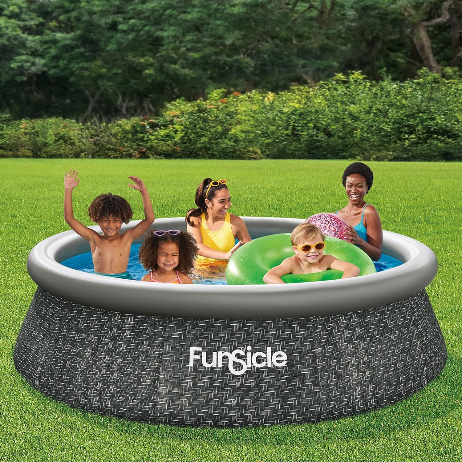 Funsicle 12 Foot by 36 Inch Quickset Round Inflatable Ring Top Outdoor Above Ground Swimming Pool Set with Pump and Cartridge Filter, Dark Herringbone wourant