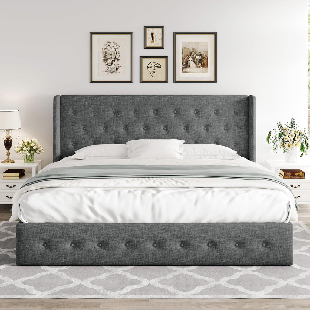 Allewie Queen Size Lift Up Storage Bed Modern Wingback Headboard Hydraulic Support wourant
