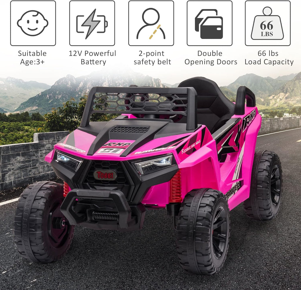 TOBBI 12V Kids Ride on Car, Electric Off-Road UTV Truck with Diverse Functions, Double Open Doors, Safety Belt, Horn, Music, and Lights for Kids Aged 3-5 Years (Rose Red) wourant