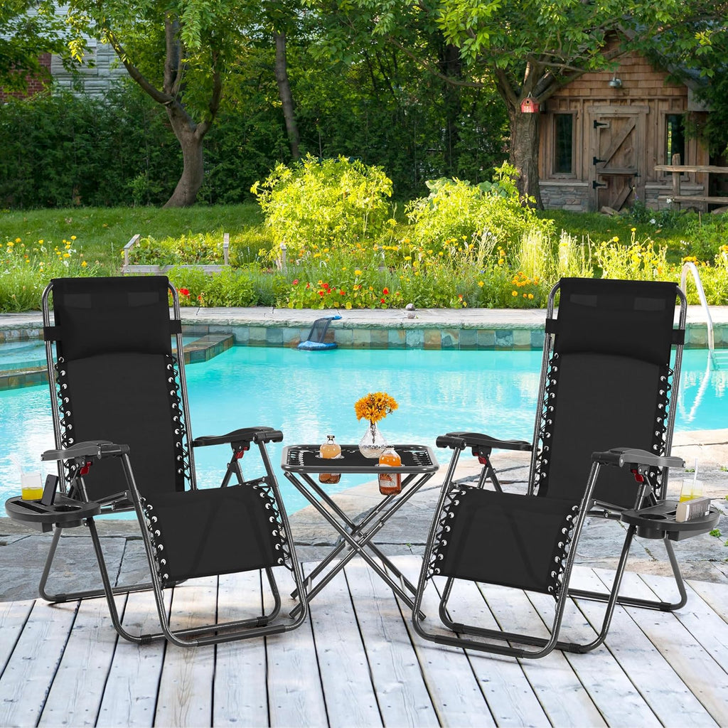 3PCS Zero Gravity Recliner Portable Outdoor Reclining Chair Set w/Side Table Folding Chaise Lounge Chairs wourant