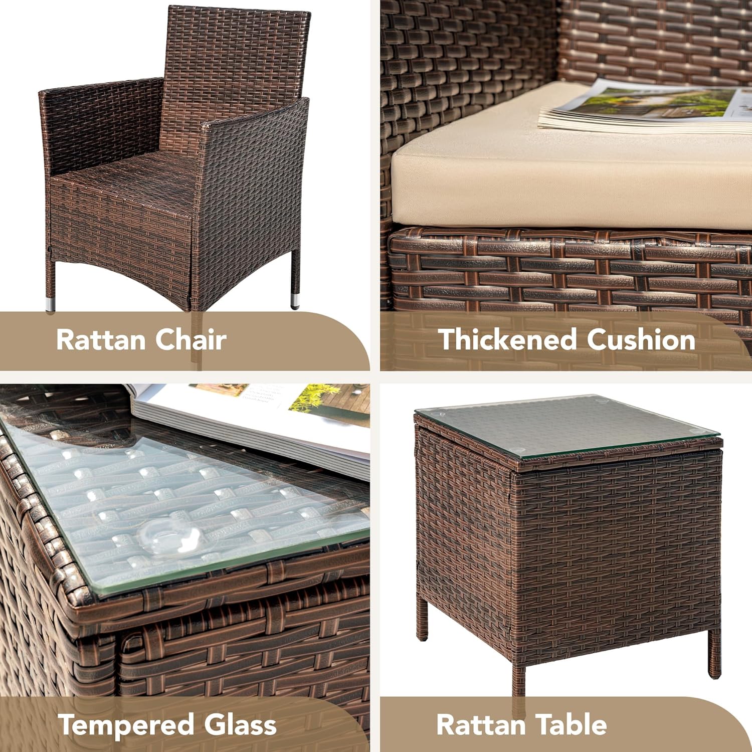 Devoko Patio Porch Furniture Sets 3 Pieces PE Rattan Wicker Chairs with Table Outdoor Garden Furniture Sets (Brown/Beige) wourant