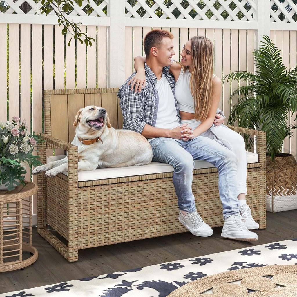DWVO 70Gal Outdoor Storage Bench with Cushion & Composite Wood Backrest, All-Weather Wicker Deck Bench with Rustproof Bag, Poolside, Patio, Garden (Sand Beige) wourant