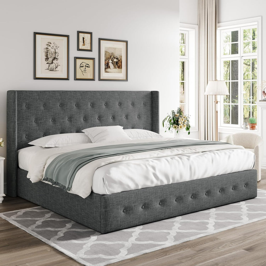 Allewie Queen Size Lift Up Storage Bed Modern Wingback Headboard Hydraulic Support wourant