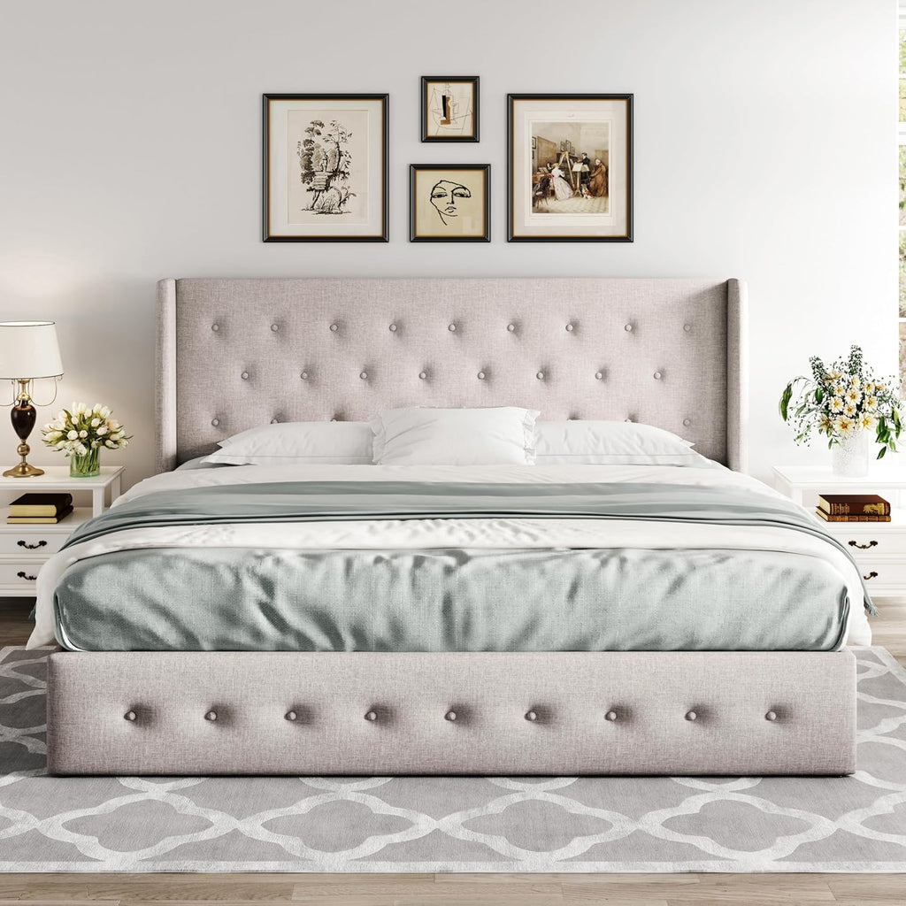 Allewie Queen Size Lift Up Storage Bed Modern Wingback Headboard Hydraulic Support wourant