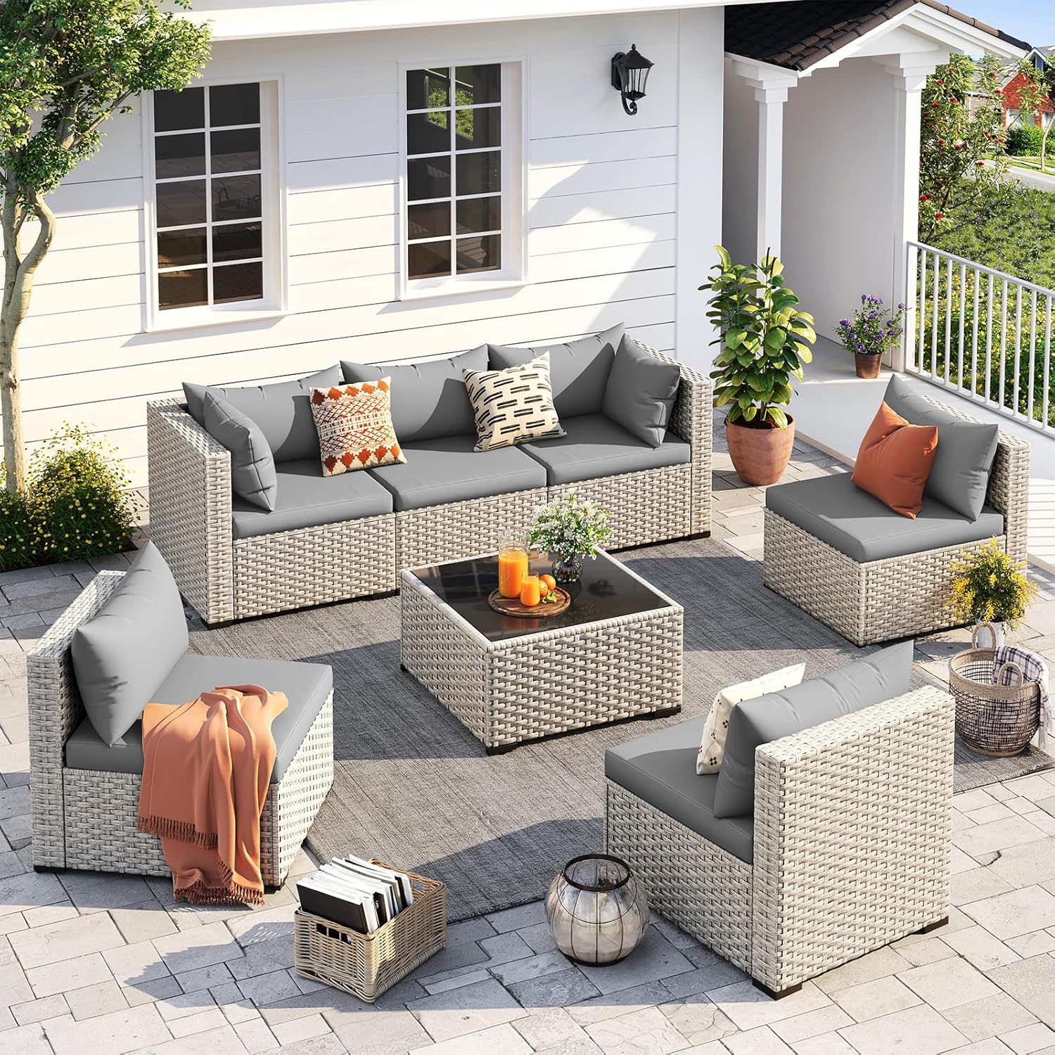 UDPATIO Outdoor Patio Furniture Set, 7-Piece PE Wicker Sectional Sofa with Tea Table, Outdoor Conversation Set wourant
