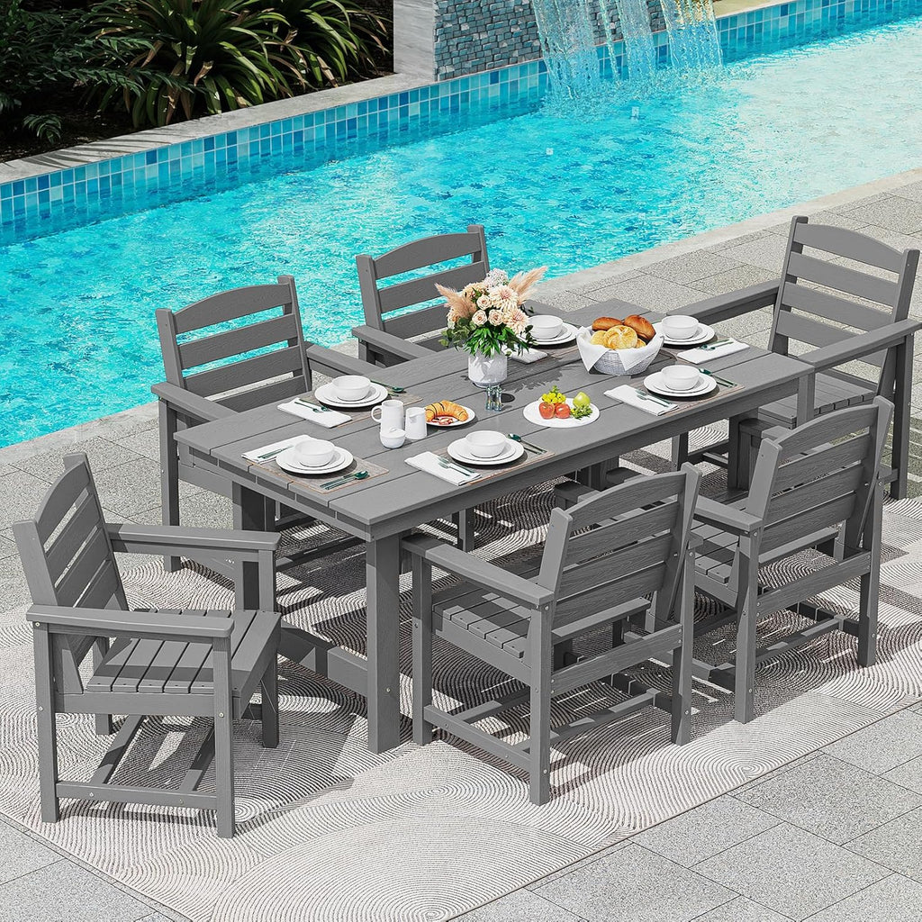 Outdoor HDPE Dining Table Set, 7-Piece Outdoor Dining Table Sets with Umbrella Hole Cut-Out Table and 6 Chairs wourant