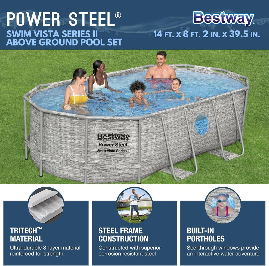 Power Steel Swim Vista Series II 14' x 8' 2" x 39.5" Above Ground Outdoor Swimming Pool Set with 530 GPH Filter Pump, Ladder, and Pool Cover wourant