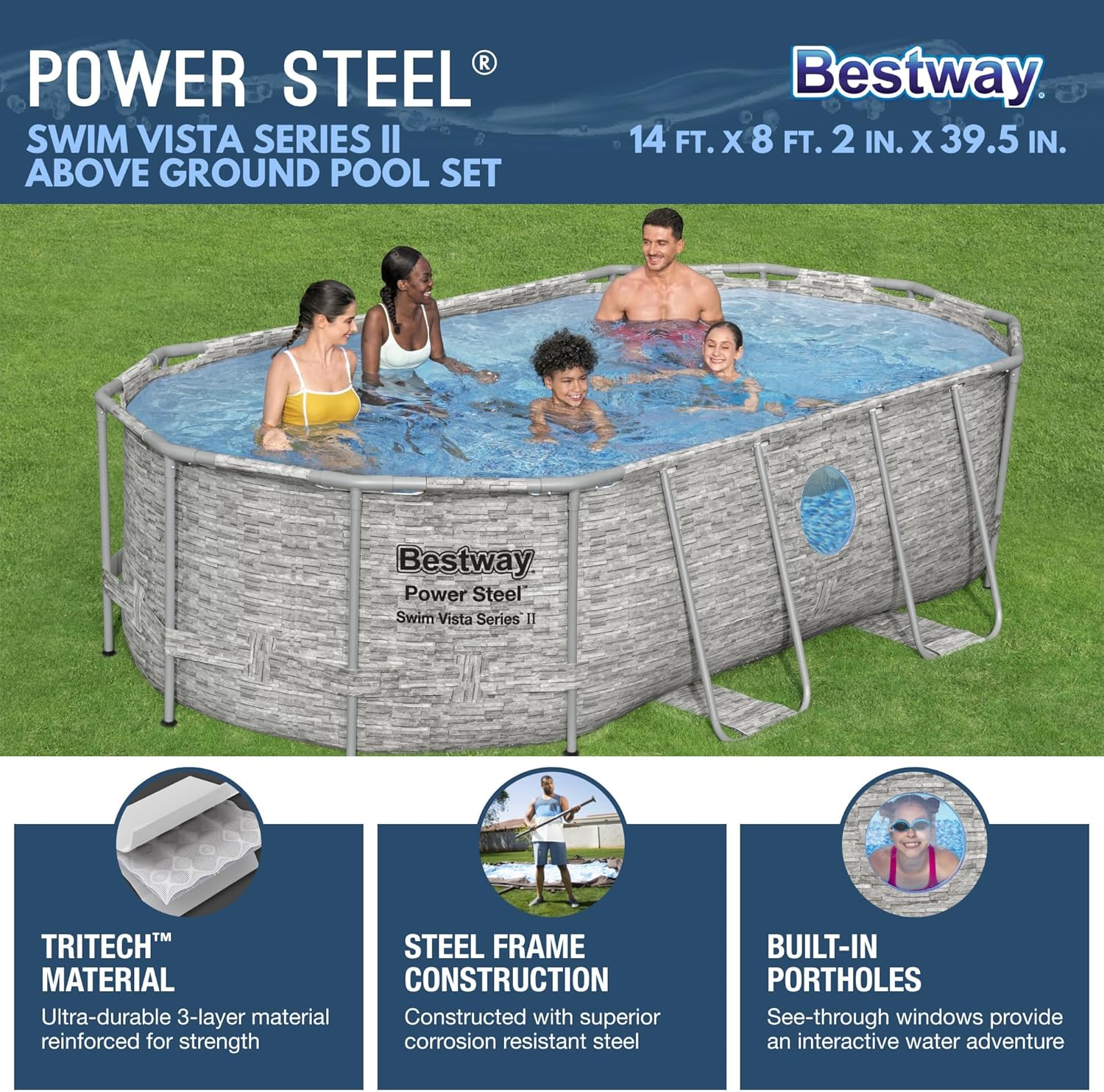 Power Steel Swim Vista Series II 14' x 8' 2" x 39.5" Above Ground Outdoor Swimming Pool Set with 530 GPH Filter Pump, Ladder, and Pool Cover wourant