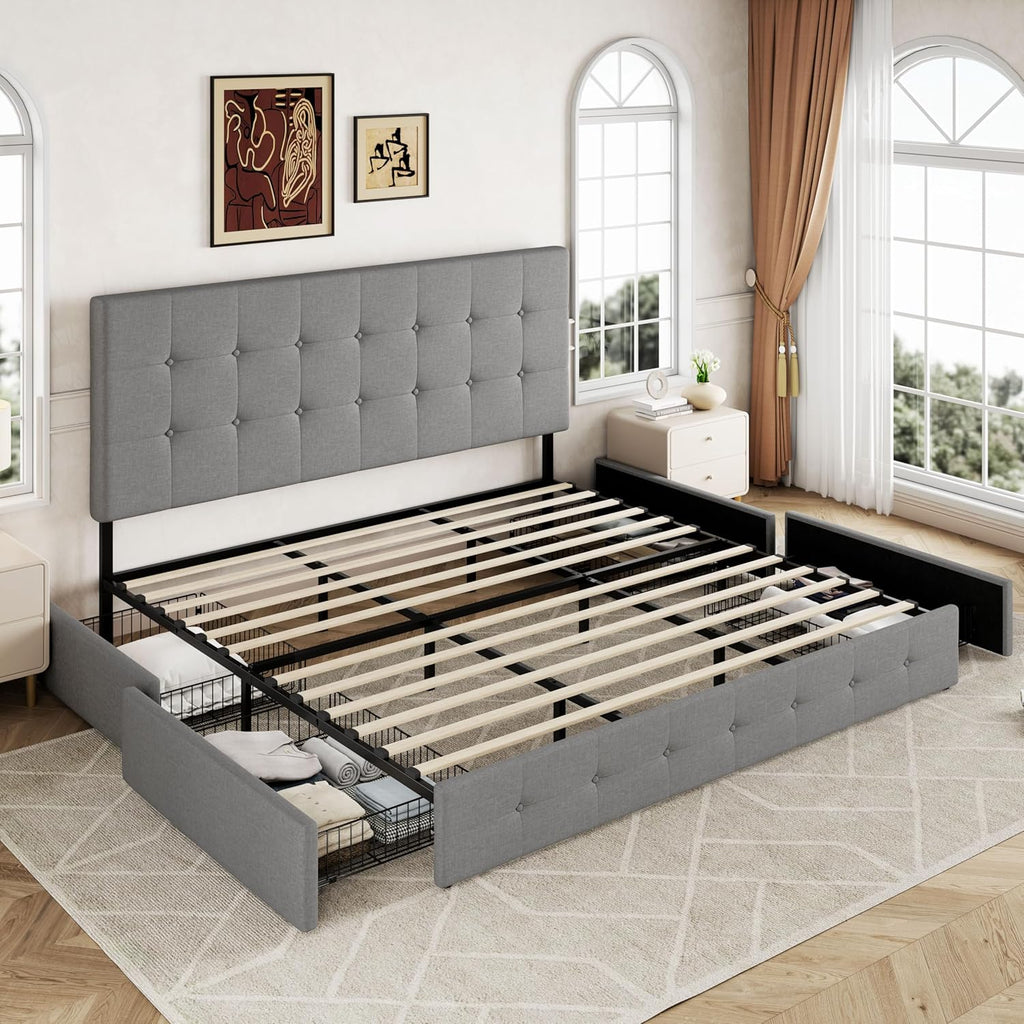 Allewie Upholstered Queen Size Platform Bed Frame with 4 Storage Drawers and Headboard wourant