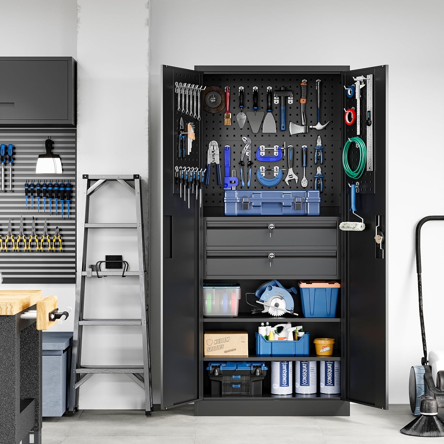 Yizosh Metal Garage Storage Cabinet with Locking Doors and 2 Drawers, Heavy Duty Steel Tool Cabinet with Pegboard, 71" - Lockable Cabinets wourant