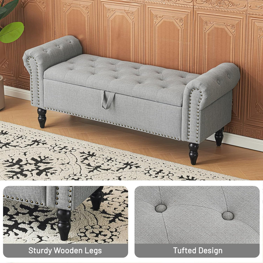 Furniliving Modern Storage Ottoman Bench, Sherpa Ottoman End of Bed Bench with Solid Wood Legs Upholstered Ottoman Benches with Storage Indoor Bench wourant