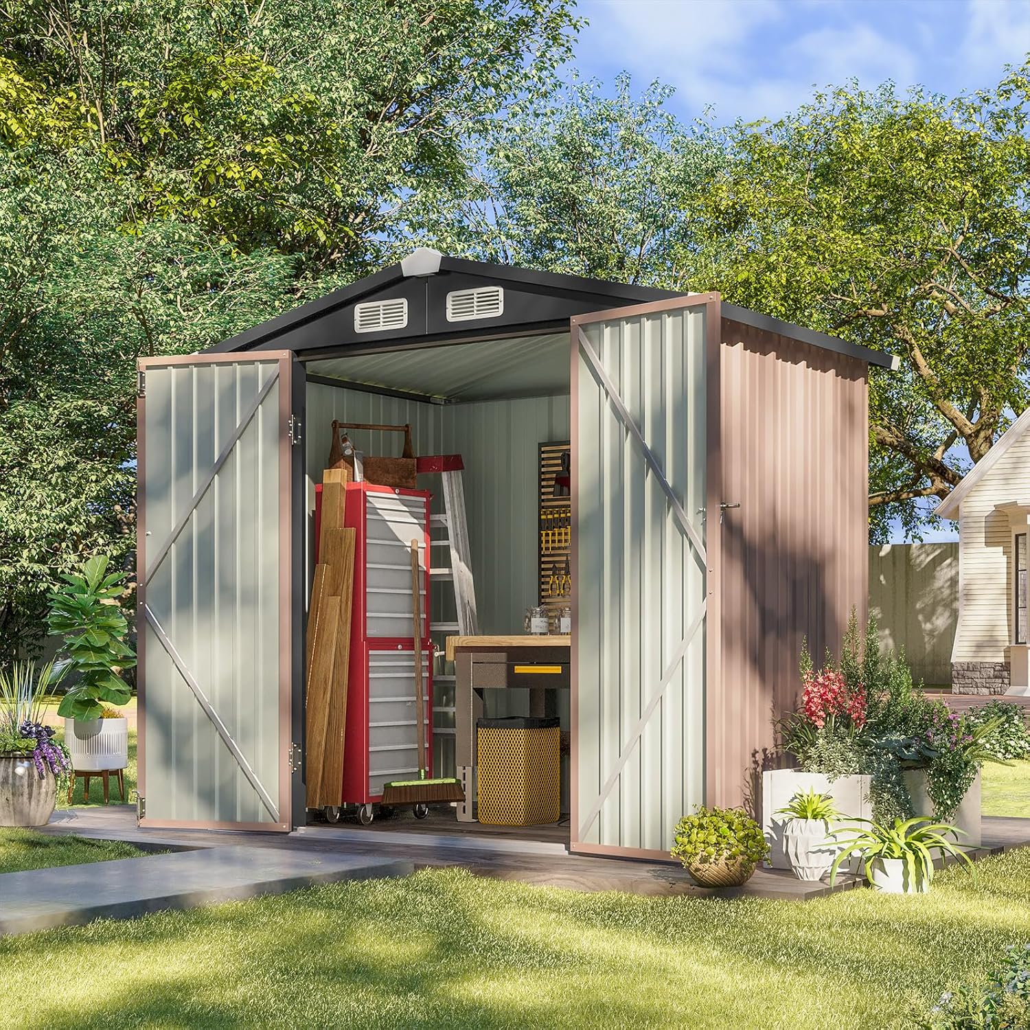 Aoxun 6.2x4 FT Shed Outdoor Storage Shed Metal Garden Shed Slooping Roof Tool Shed Bike Shed wourant