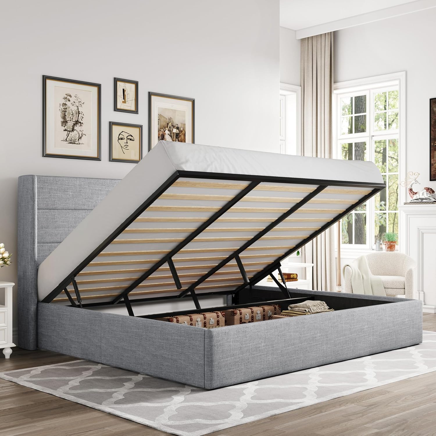 Allewie Queen Size Lift Up Storage Bed Modern Wingback Headboard Hydraulic Support wourant
