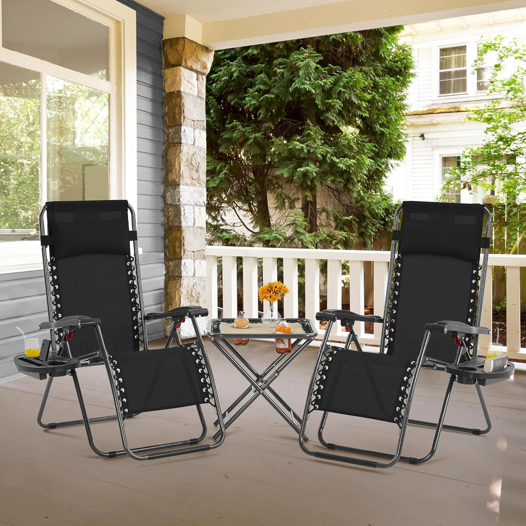 3PCS Zero Gravity Recliner Portable Outdoor Reclining Chair Set w/Side Table Folding Chaise Lounge Chairs wourant