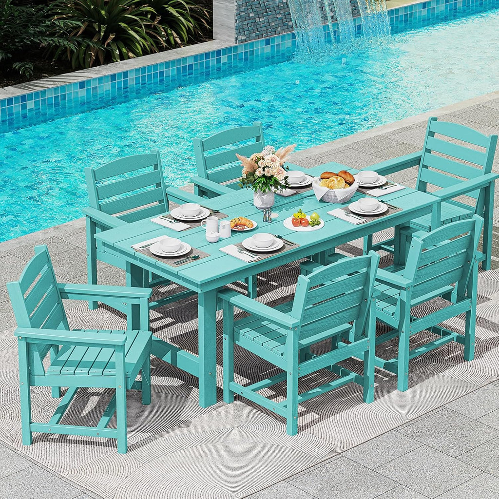 Outdoor HDPE Dining Table Set, 7-Piece Outdoor Dining Table Sets with Umbrella Hole Cut-Out Table and 6 Chairs wourant