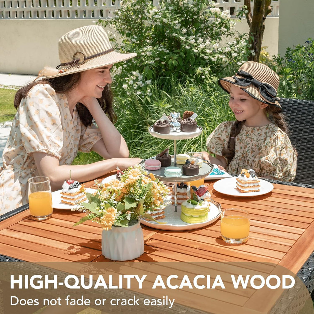 Devoko Dining 7 PCS Furniture, Patio Conversation Set with Acacia Wood Table Top, Rattan Outdoor, Black wourant