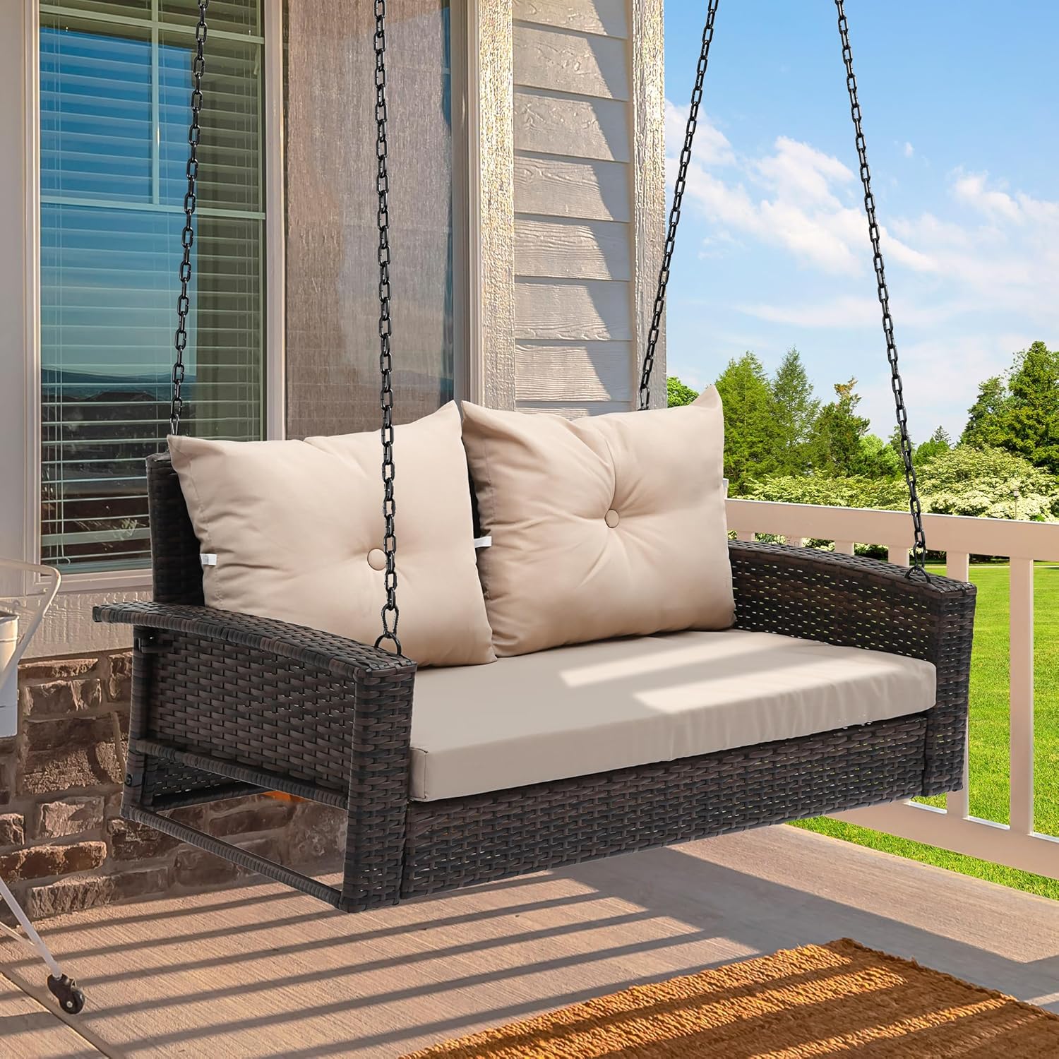 YITAHOME Hanging Porch Swing Chair Sits 3 People, Wicker Outdoor Swing Bench, Patio Lounge Chair, 1 Seating Cushion and 3 Back Cushions, w/Removable Covers, for Garden, Balcony, Backyard, Brown wourant