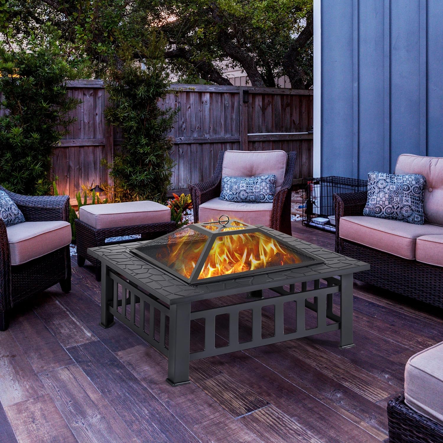 Yaheetech Multifunctional Fire Pit Table 32in Square Metal Firepit Stove Backyard Patio Garden Fireplace for Camping, Outdoor Heating, Bonfire and Picnic wourant