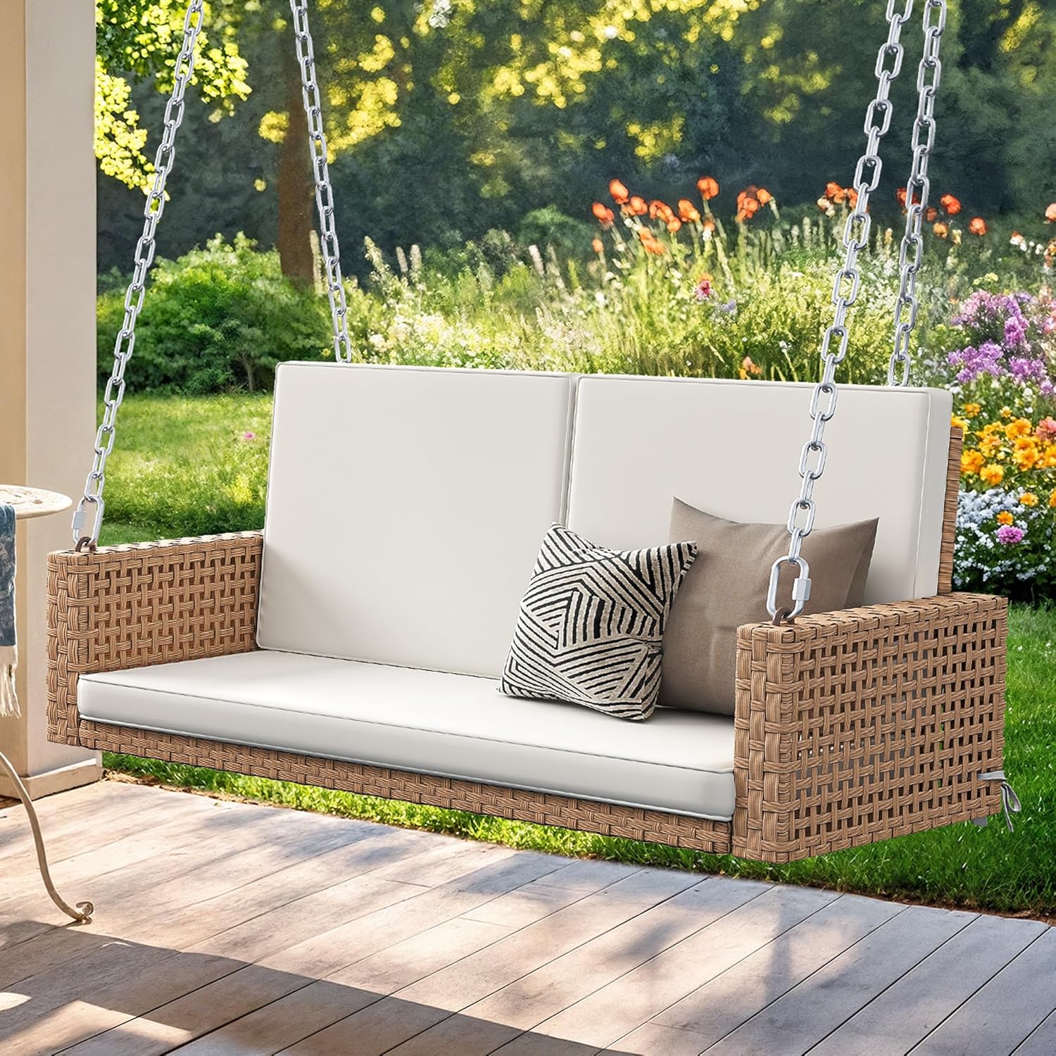 YITAHOME Hanging Porch Swing Chair Sits 3 People, Wicker Outdoor Swing Bench, Patio Lounge Chair, 1 Seating Cushion and 3 Back Cushions, w/Removable Covers, for Garden, Balcony, Backyard, Brown wourant