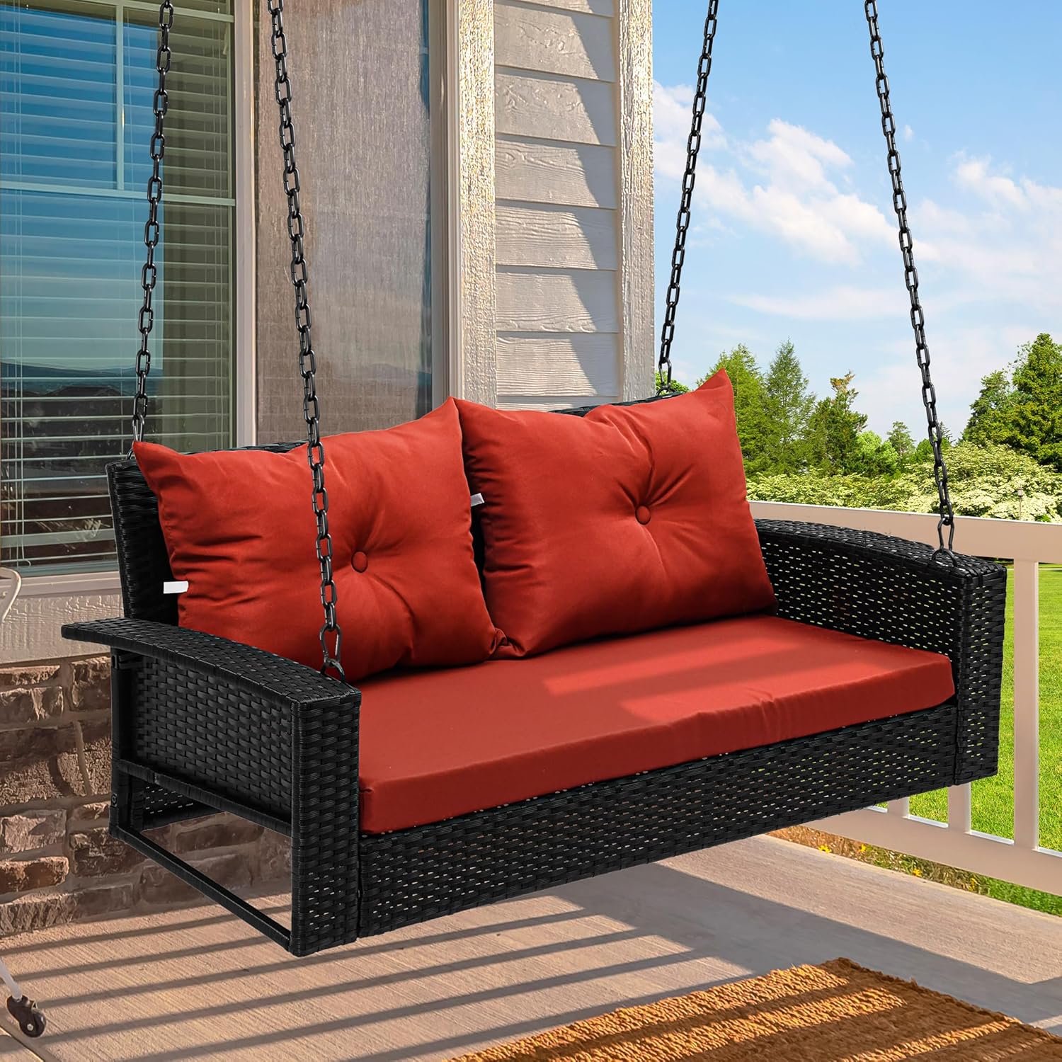 YITAHOME Hanging Porch Swing Chair Sits 3 People, Wicker Outdoor Swing Bench, Patio Lounge Chair, 1 Seating Cushion and 3 Back Cushions, w/Removable Covers, for Garden, Balcony, Backyard, Brown wourant
