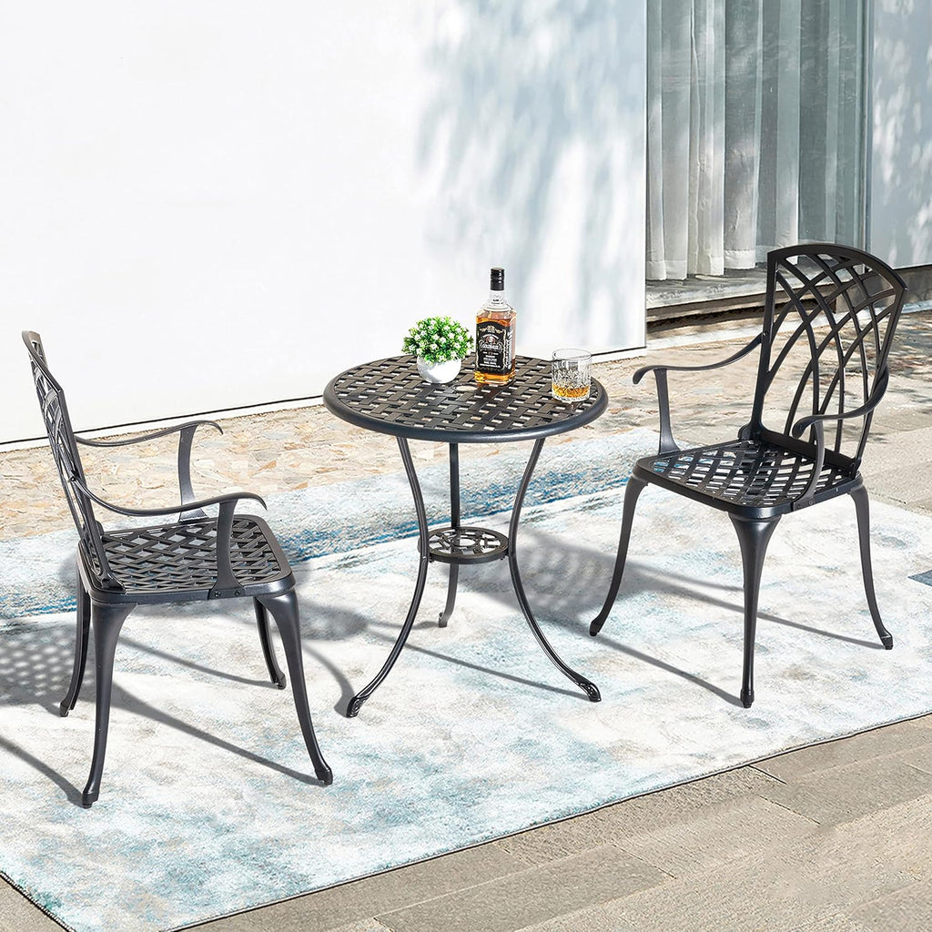 NUU GARDEN Bistro Set 3 Piece Outdoor Cast Aluminum Patio Bistro Set Patio Table and Chairs Set of 2 with Umbrella Hole and Gray Cushions, Black wourant