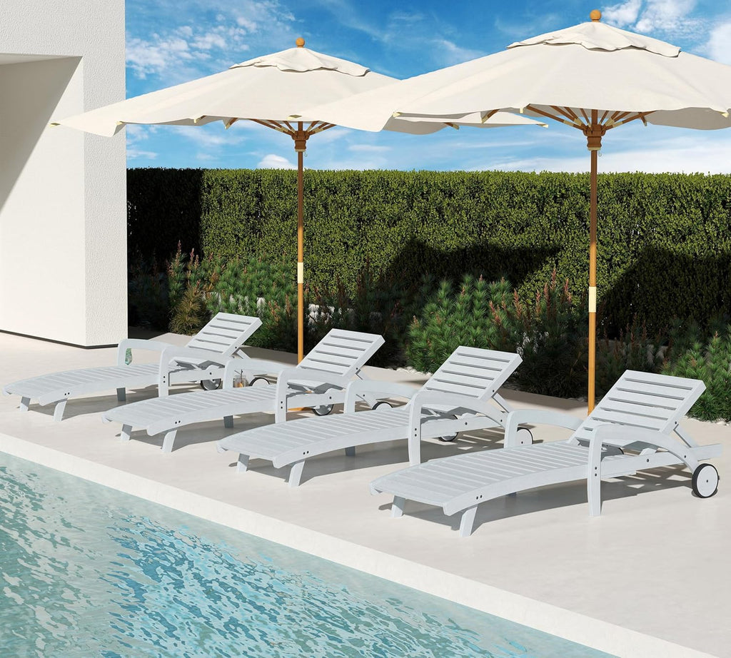 Pool Chaise Lounge Chairs Set of 4 5-Position Adjustable Outdoor Patio Lounge Chairs Wood Reclining Chaise Lounger Chair with Pullout Side Table wourant