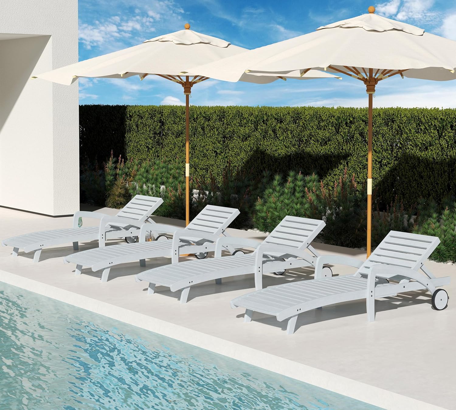 Pool Chaise Lounge Chairs Set of 4 5-Position Adjustable Outdoor Patio Lounge Chairs Wood Reclining Chaise Lounger Chair with Pullout Side Table wourant