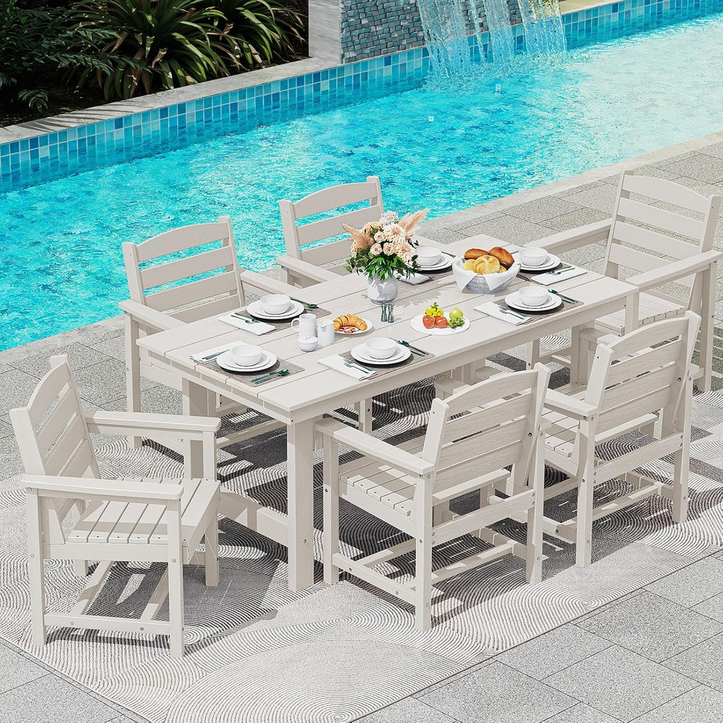 Outdoor HDPE Dining Table Set, 7-Piece Outdoor Dining Table Sets with Umbrella Hole Cut-Out Table and 6 Chairs wourant