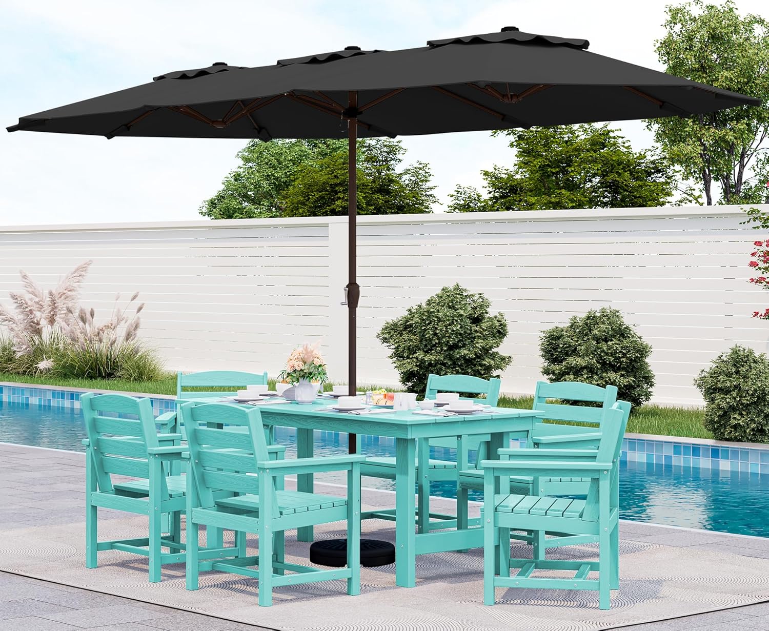 Outdoor HDPE Dining Table Set, 7-Piece Outdoor Dining Table Sets with Umbrella Hole Cut-Out Table and 6 Chairs wourant