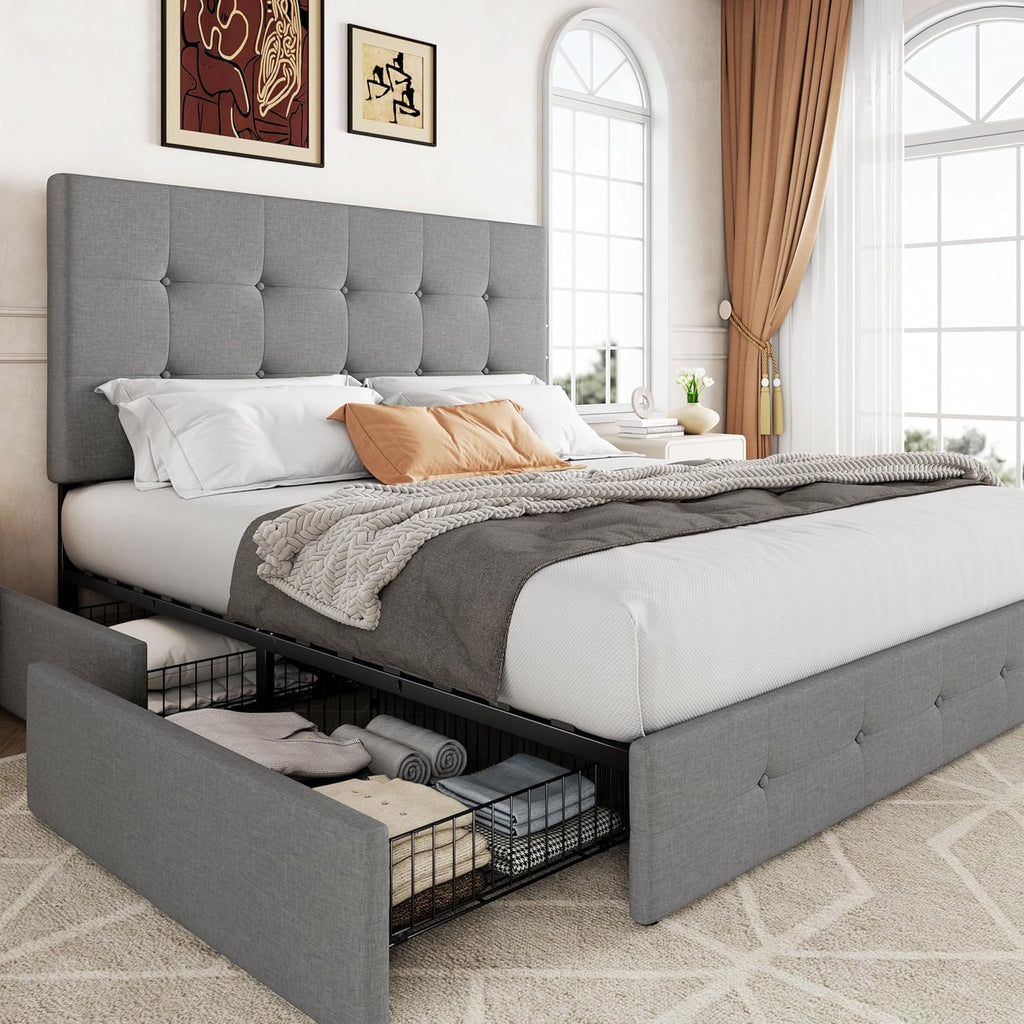 Allewie Upholstered Queen Size Platform Bed Frame with 4 Storage Drawers and Headboard wourant